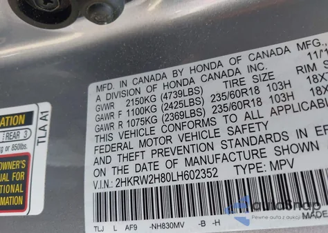 2020 Honda Cr-V Awd Ex-L from USA, damaged, VIN 2HKRW2H80LH602352